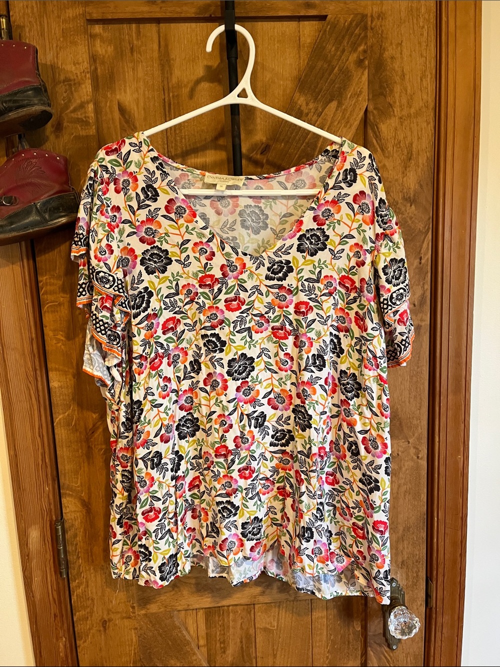 Cynthia Rowley Floral V-Neck Top - Cream, Black, Red, Yellow, Green